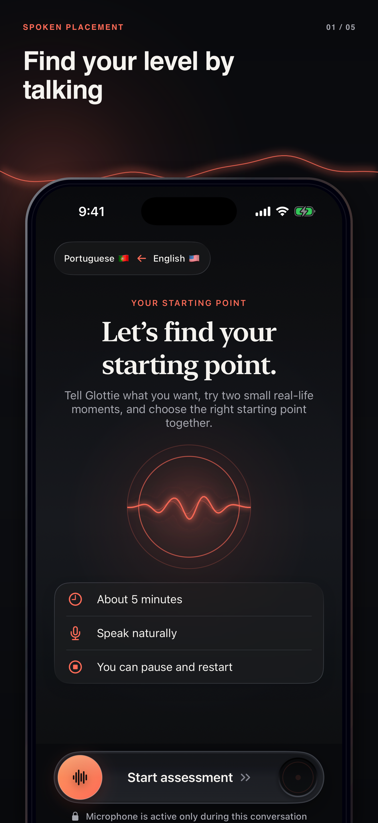 Glottie spoken placement assessment