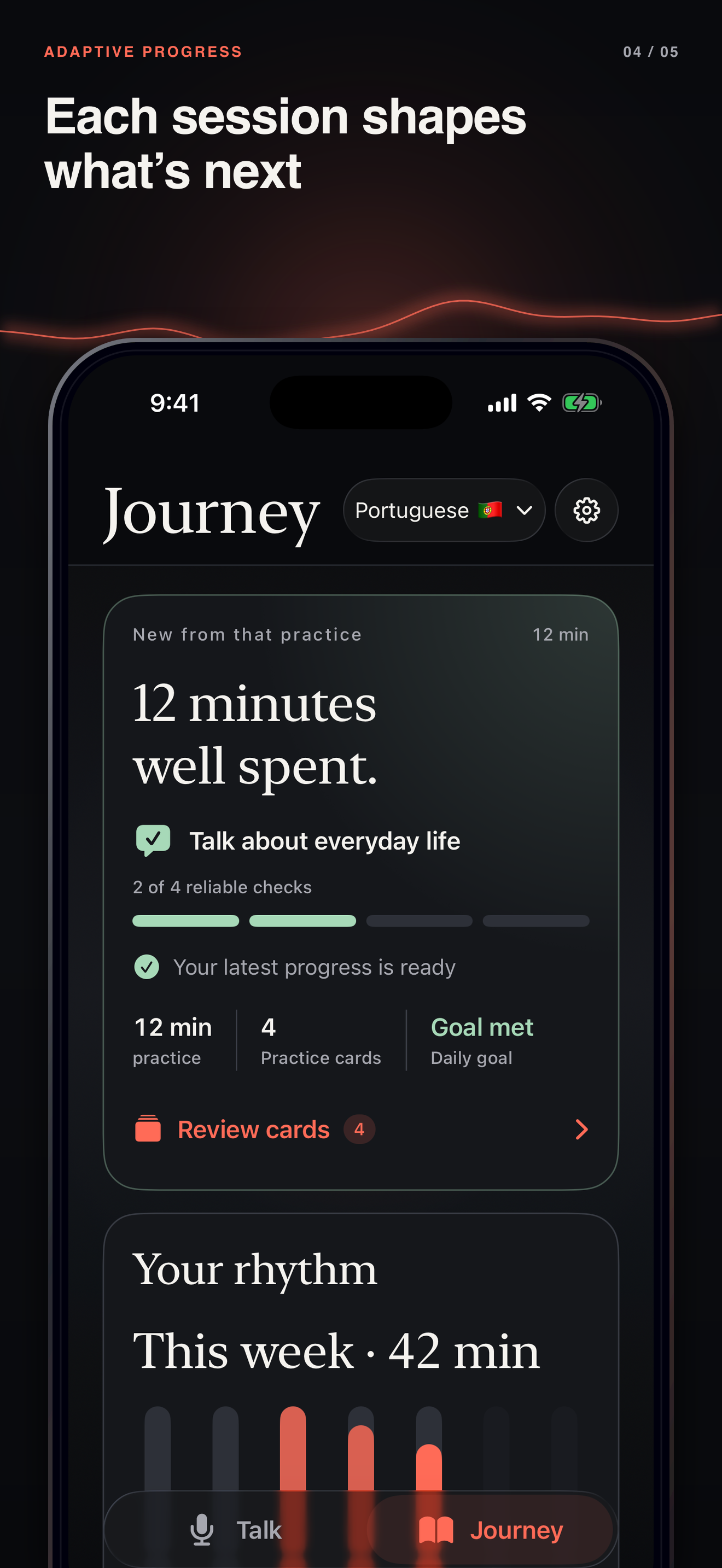 Glottie adaptive progress screen showing how each conversation shapes what comes next