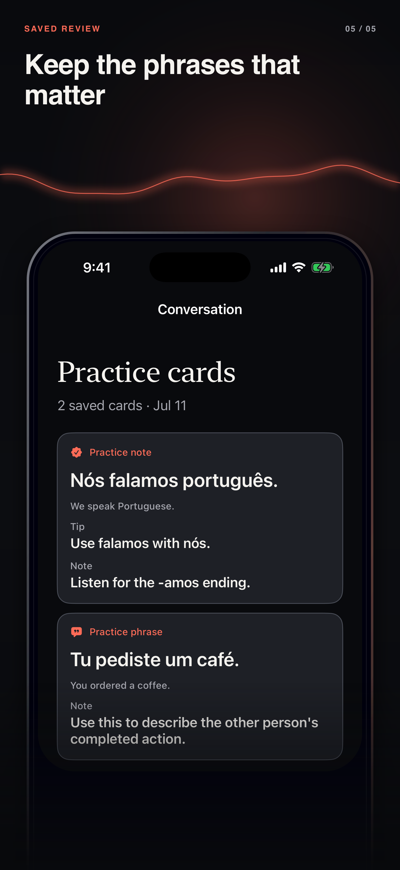 Saved phrases and review cues in Glottie