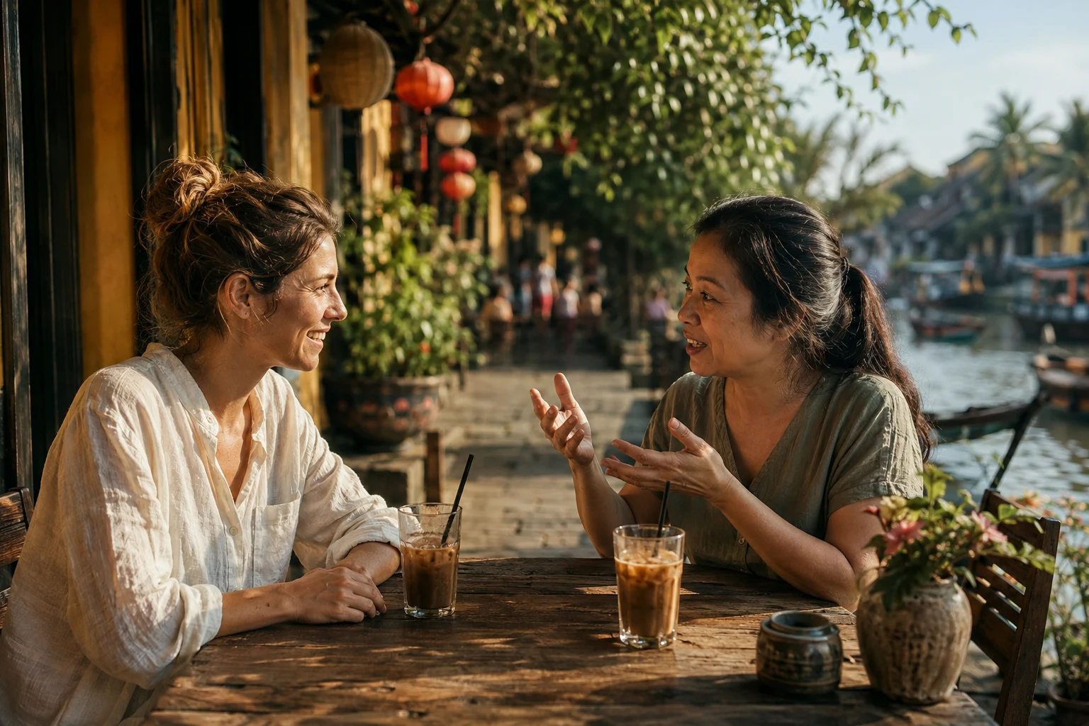A traveler and a local café owner chatting over iced coffee in Hội An, Vietnam