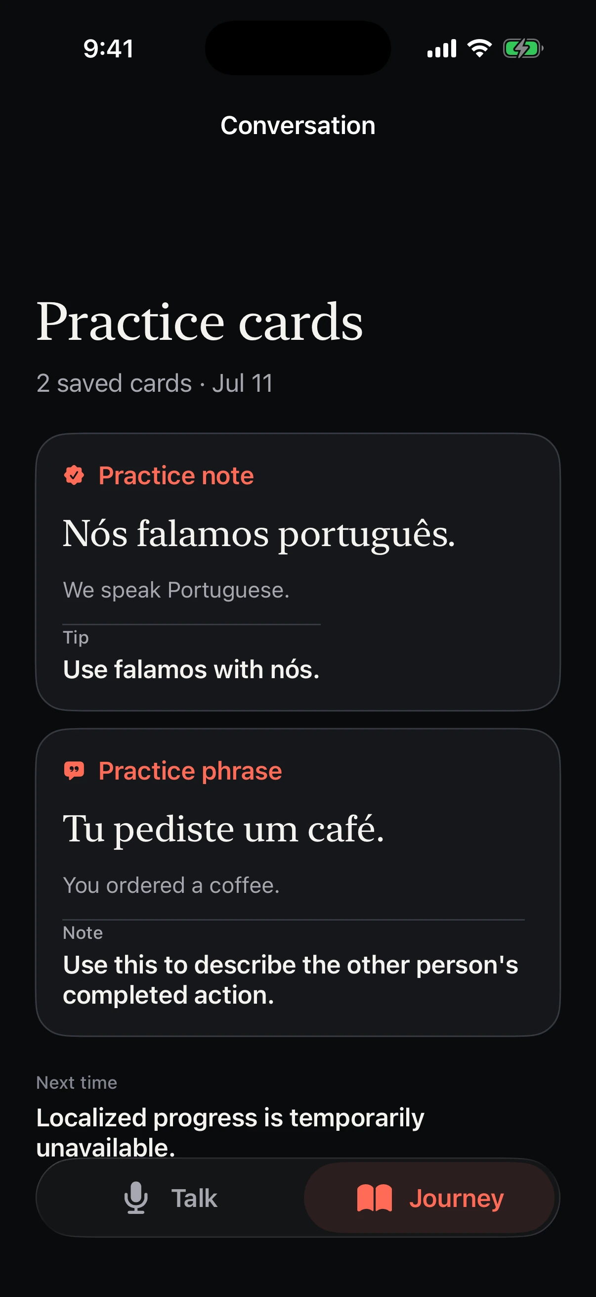 Glottie Journey practice cards with saved Portuguese phrases and notes