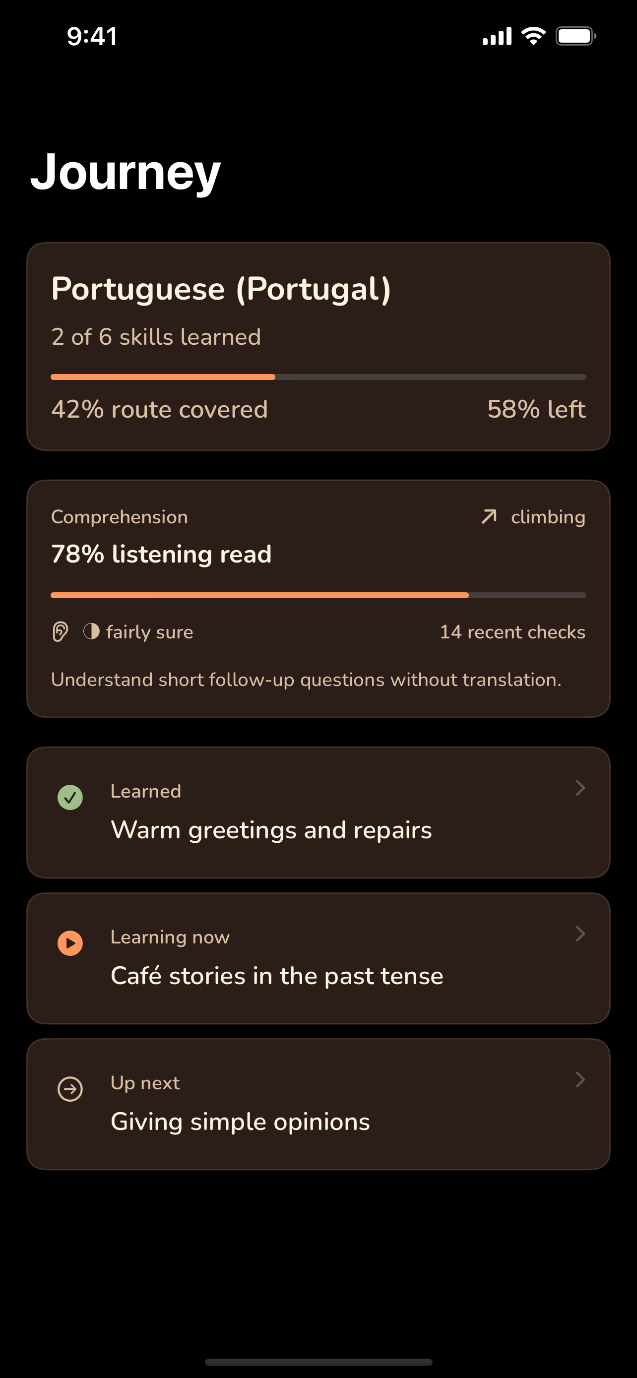 Glottie journey screen showing route progress and comprehension