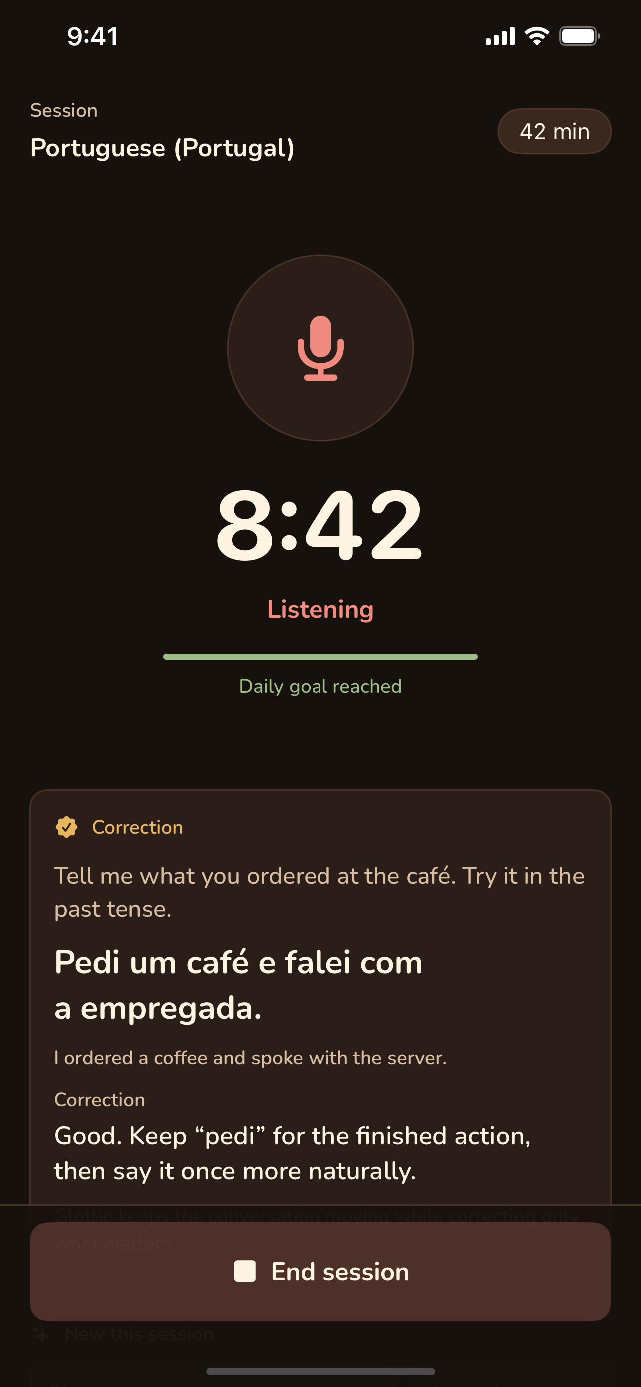 Glottie live spoken session screen