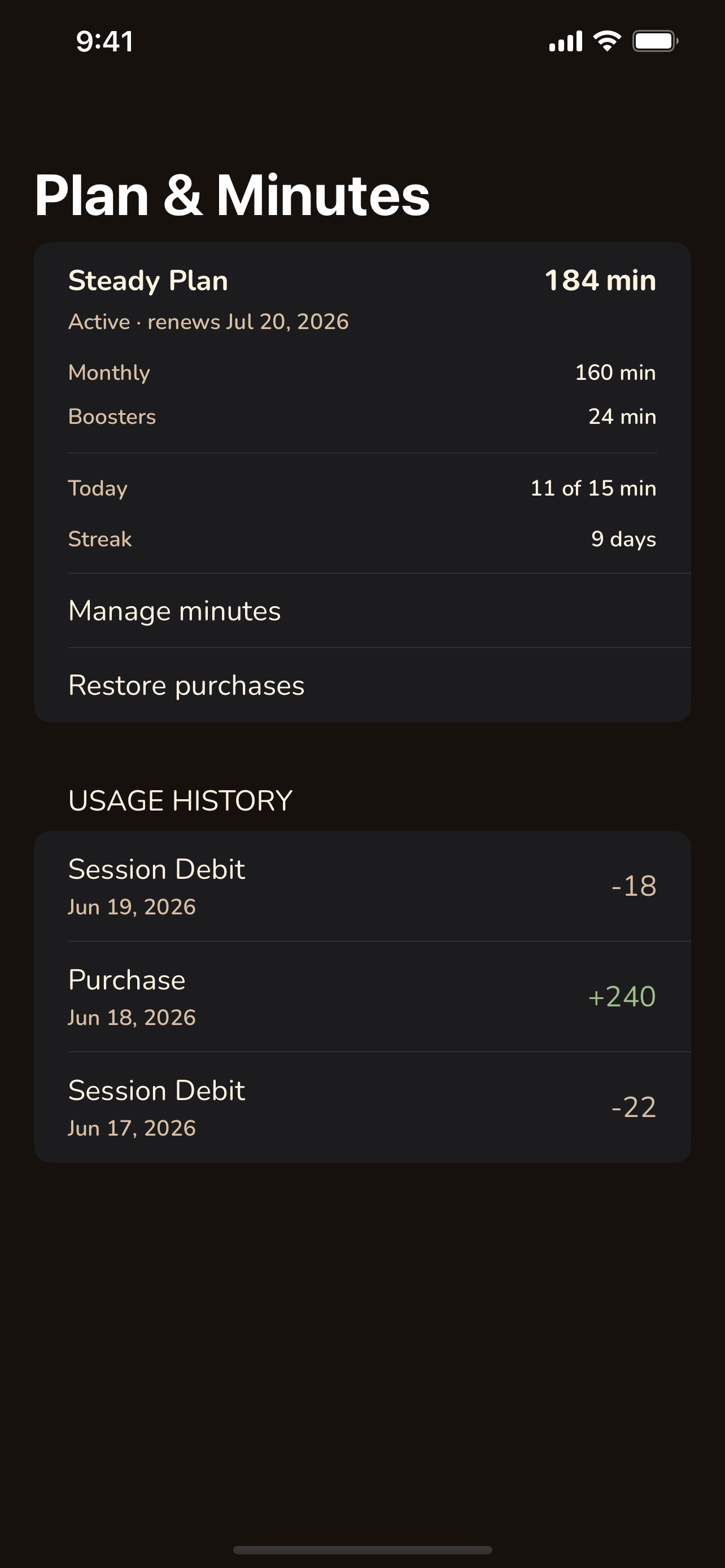 Plan and minutes screen